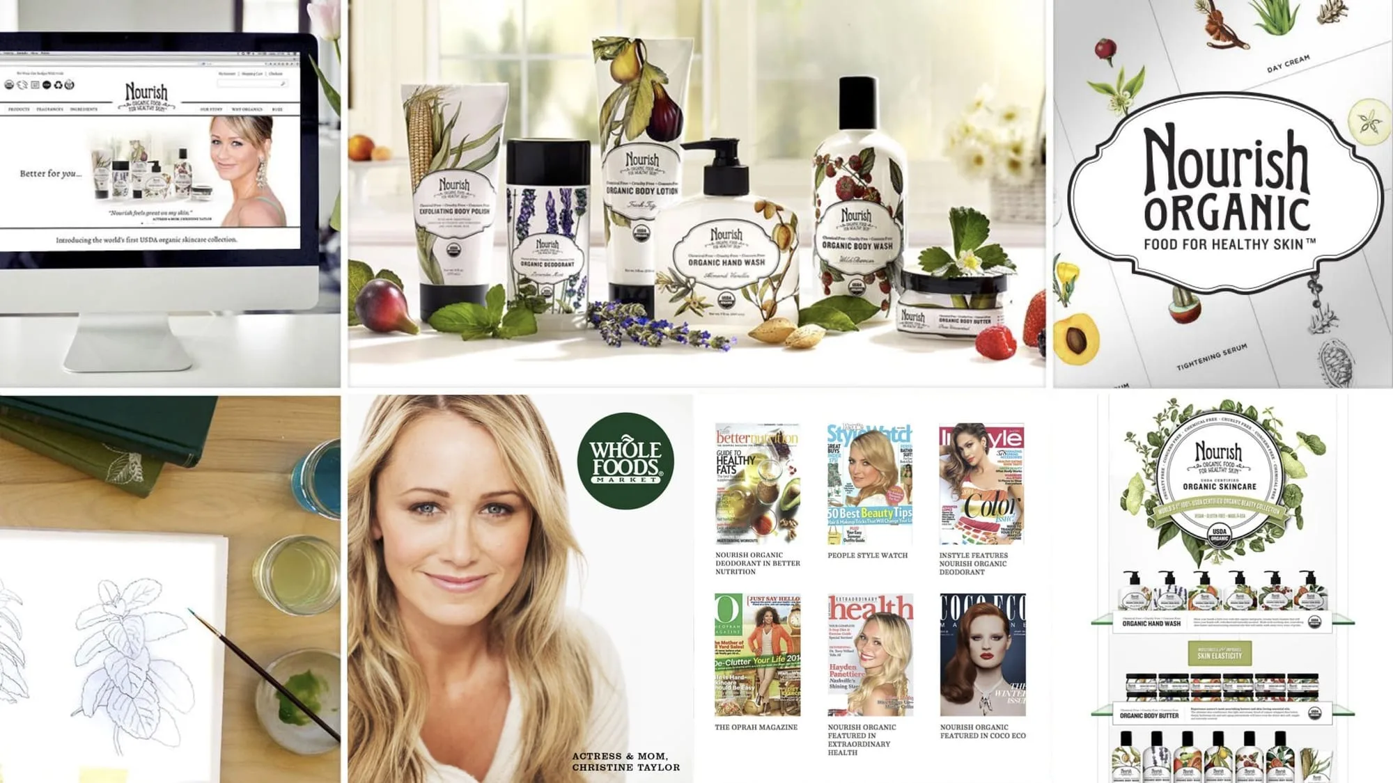 Nourish Organic identity, packaging system, retail display, and national press coverage.